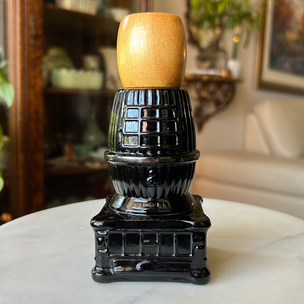Vintage 1970 Avon Pot Belly Stove Bravo After Shave Black Glass Decanter Bottle